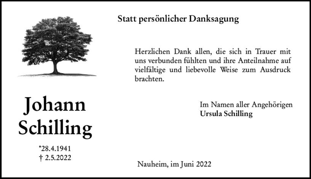  Traueranzeige für Johann Schilling vom 11.06.2022 aus vrm-trauer Rüsselsheimer Echo / MainSpitze