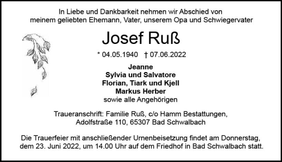 Traueranzeige von Josef Russ von vrm-trauer WK-UTA