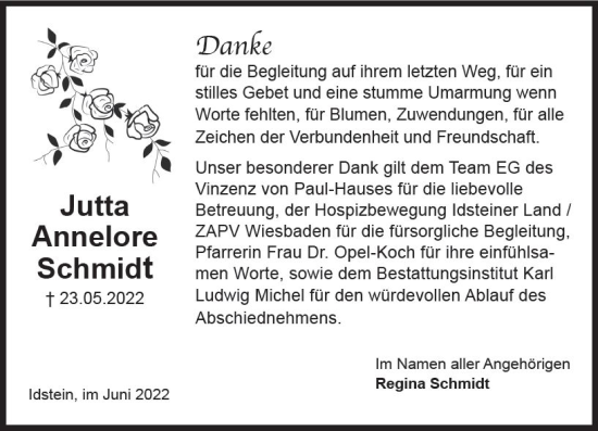 Traueranzeige von Jutta Anneelore Schmidt von vrm-trauer Idsteiner Zeitung