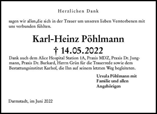 Traueranzeige von Karl-Heinz Pöhlmann von vrm-trauer Darmstädter Echo