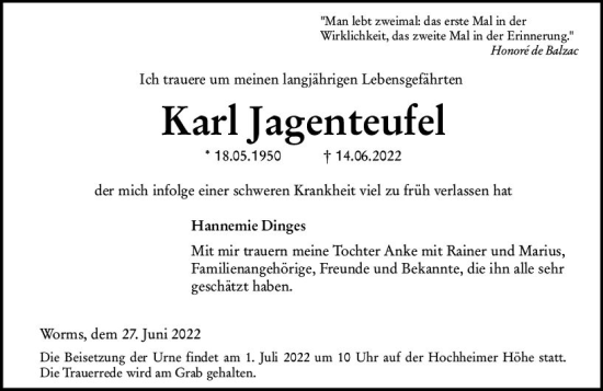 Traueranzeige von Karl Jagenteufel von vrm-trauer Wormser Zeitung