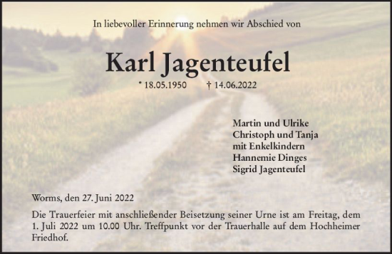 Traueranzeige von Karl Jagenteufel von vrm-trauer Wormser Zeitung