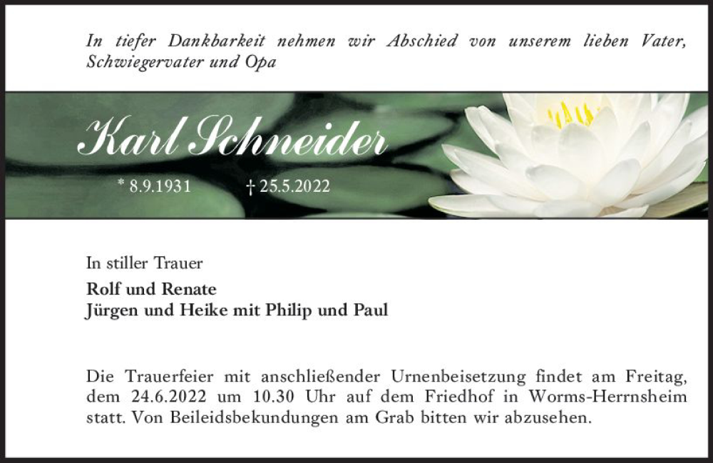  Traueranzeige für Karl Schneider vom 18.06.2022 aus vrm-trauer Wormser Zeitung