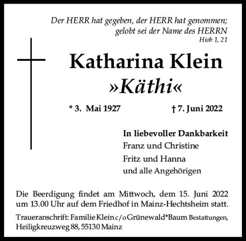  Traueranzeige für Katharina Klein vom 11.06.2022 aus vrm-trauer AZ Mainz