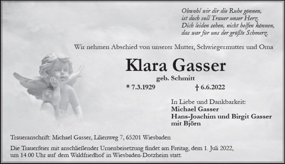  Traueranzeige für Klara Gasser vom 25.06.2022 aus vrm-trauer Wiesbadener Kurier