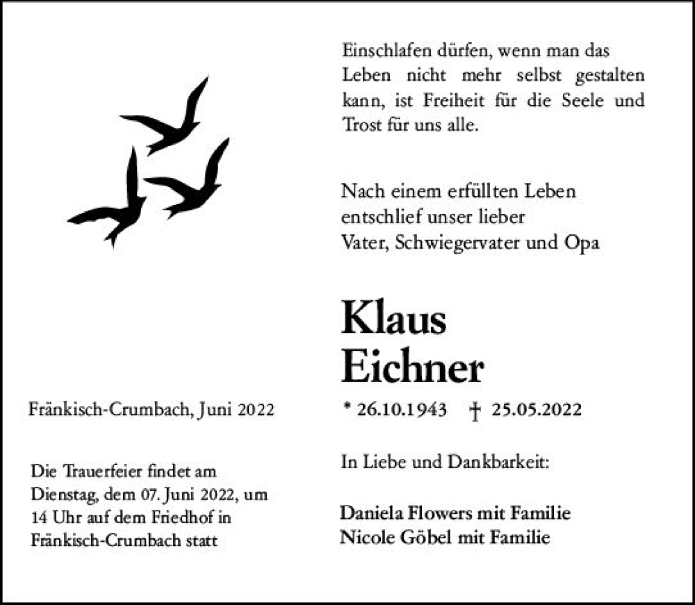  Traueranzeige für Klaus Eichner vom 04.06.2022 aus vrm-trauer Odenwälder Echo
