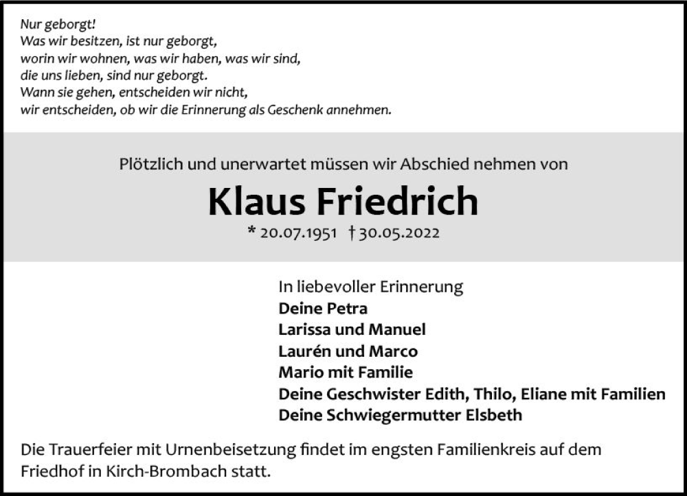  Traueranzeige für Klaus Friedrich vom 18.06.2022 aus vrm-trauer Odenwälder Echo