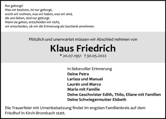 Traueranzeige von Klaus Friedrich von vrm-trauer Odenwälder Echo