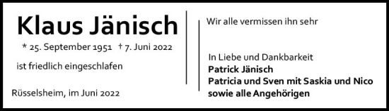 Traueranzeige von Klaus Jänisch von vrm-trauer Rüsselsheimer Echo / MainSpitze