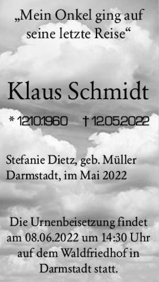 Traueranzeige von Klaus Schmidt von vrm-trauer Darmstädter Echo
