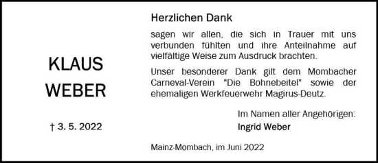 Traueranzeige von Klaus Weber von vrm-trauer AZ Mainz