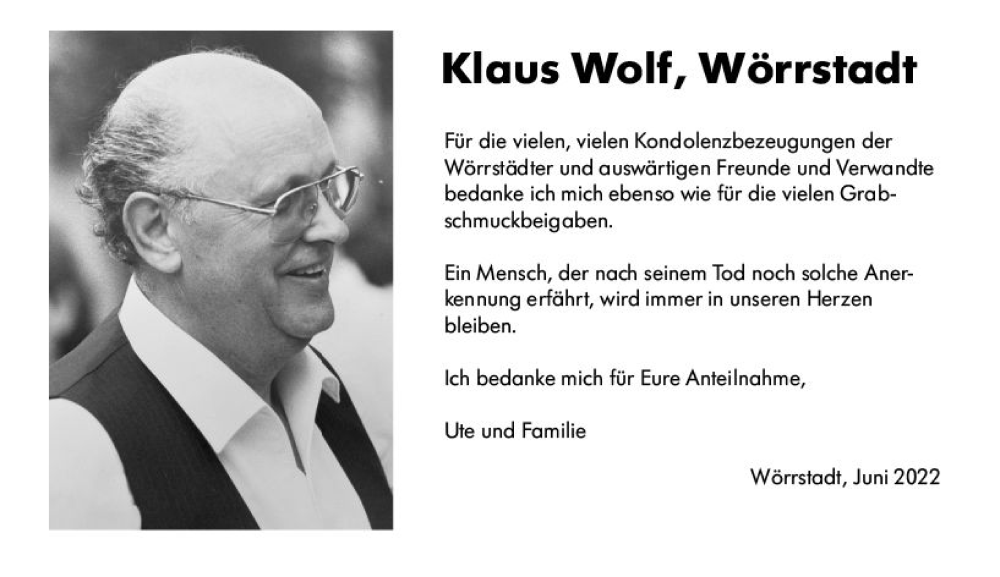  Traueranzeige für Klaus Wolf vom 30.06.2022 aus vrm-trauer Allgemeine Zeitung Alzey
