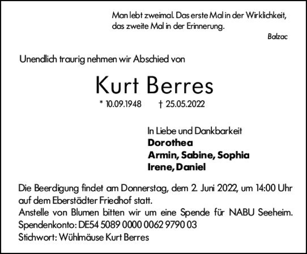  Traueranzeige für Kurt Berres vom 01.06.2022 aus vrm-trauer Darmstädter Echo