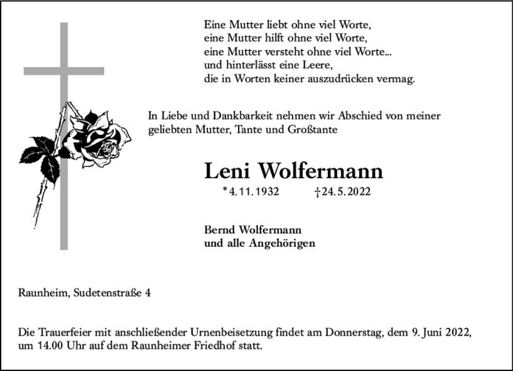  Traueranzeige für Leni Wolfermann vom 04.06.2022 aus vrm-trauer Rüsselsheimer Echo / MainSpitze