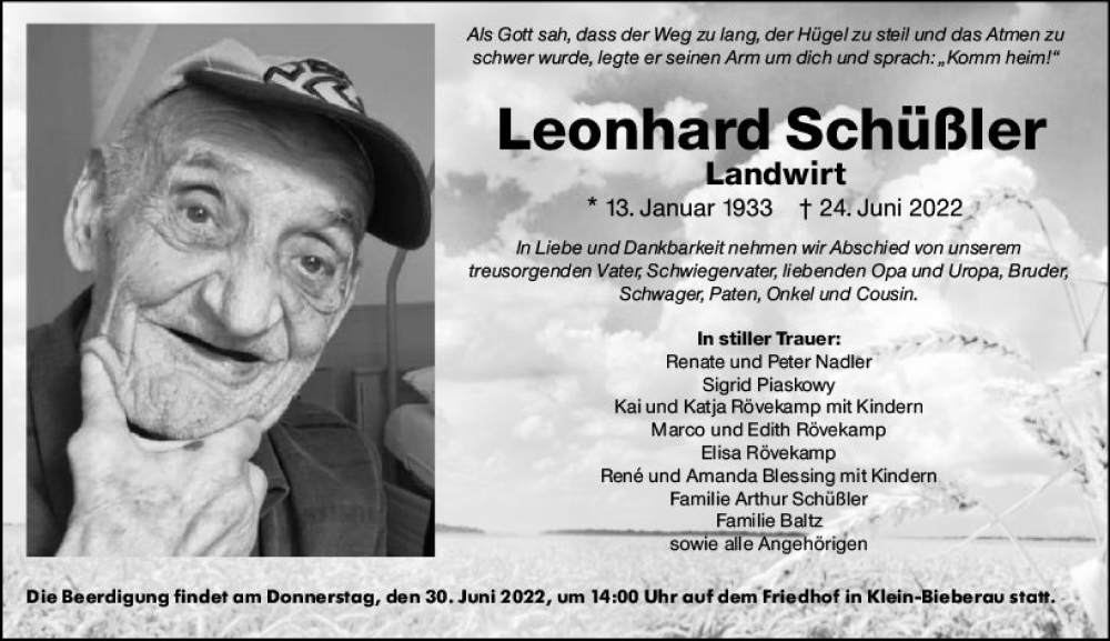  Traueranzeige für Leonhard Schüßler vom 28.06.2022 aus vrm-trauer Odenwälder Echo