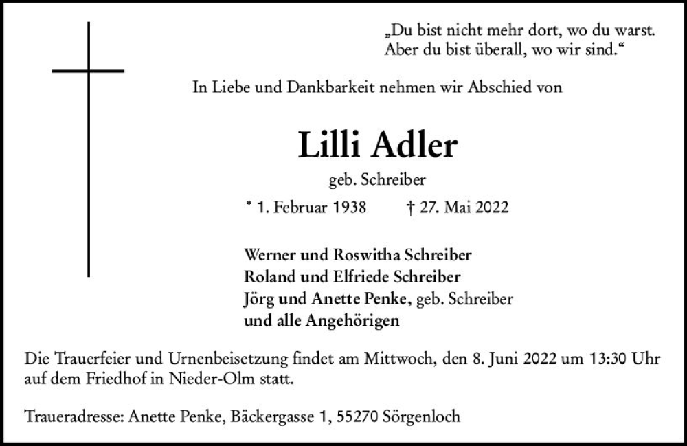  Traueranzeige für Lilli Adler vom 04.06.2022 aus vrm-trauer AZ Mainz