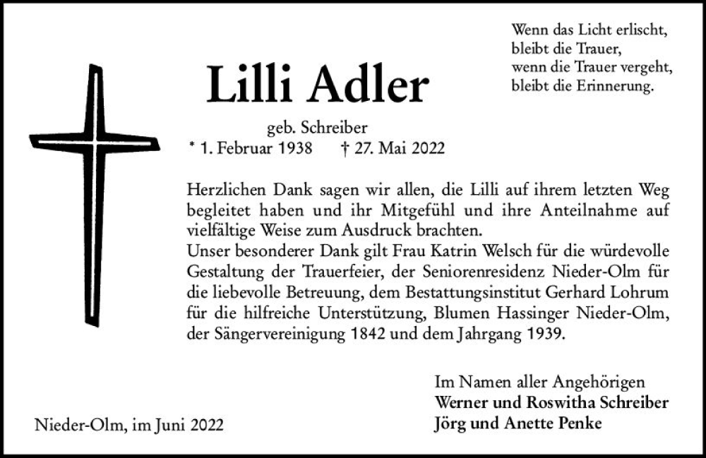  Traueranzeige für Lilli Adler vom 25.06.2022 aus vrm-trauer AZ Mainz