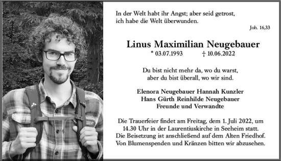 Traueranzeige von Linus Maximilian Neugebauer von vrm-trauer Darmstädter Echo