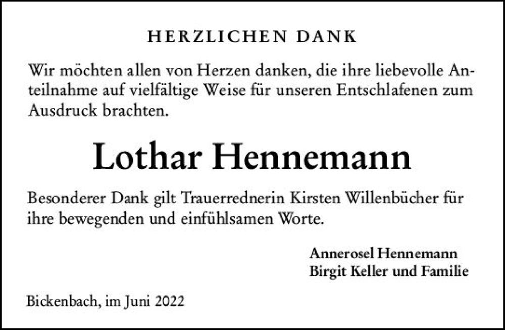  Traueranzeige für Lothar Hennemann vom 15.06.2022 aus vrm-trauer Darmstädter Echo