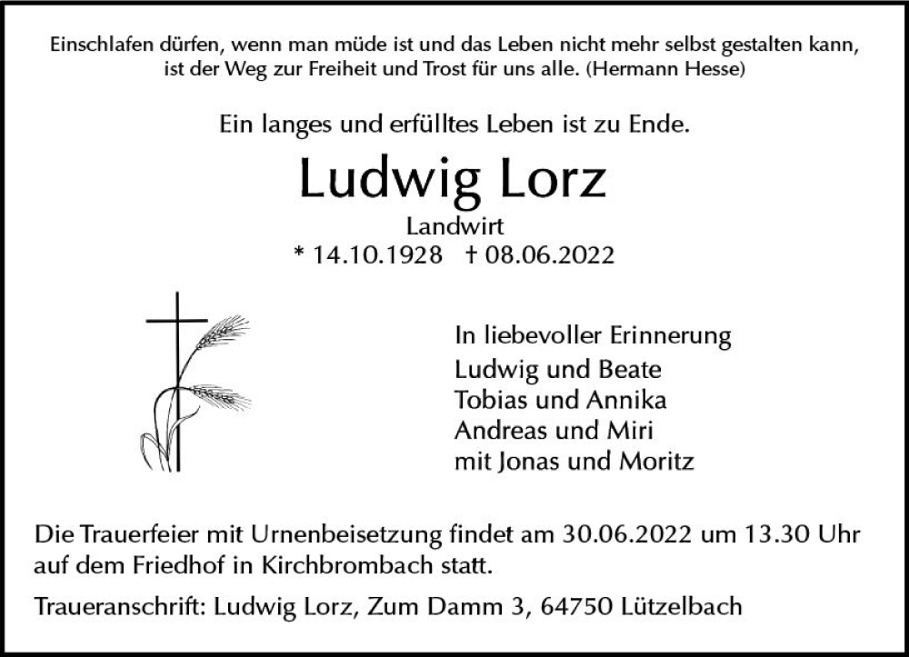  Traueranzeige für Ludwig Lorz vom 18.06.2022 aus vrm-trauer Odenwälder Echo