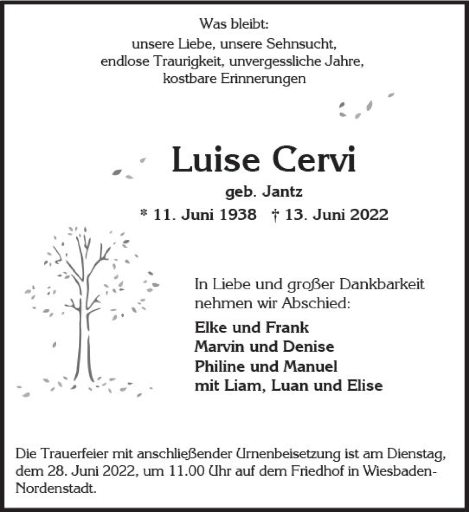  Traueranzeige für Luise Cervi vom 18.06.2022 aus vrm-trauer Wiesbadener Kurier