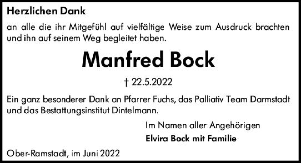  Traueranzeige für Manfred Bock vom 18.06.2022 aus vrm-trauer Darmstädter Echo