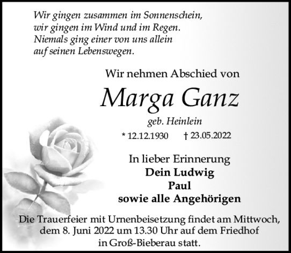  Traueranzeige für Marga Ganz vom 04.06.2022 aus vrm-trauer Darmstädter Echo