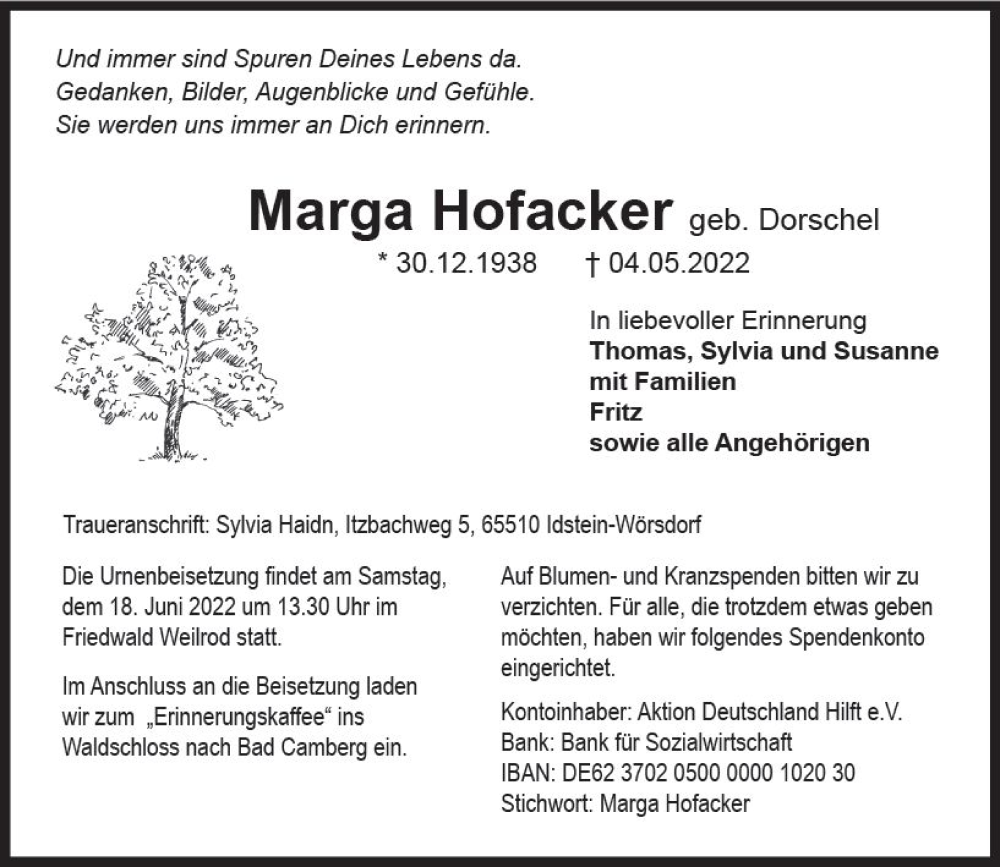  Traueranzeige für Marga Hofacker vom 04.06.2022 aus vrm-trauer Idsteiner Zeitung