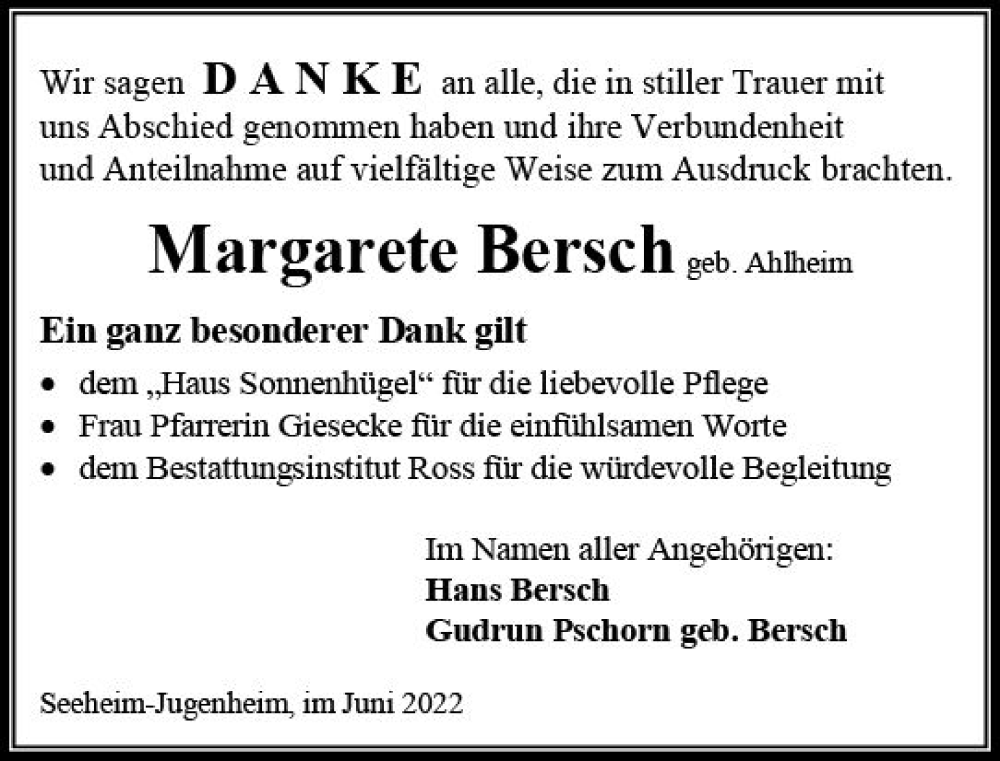  Traueranzeige für Margarete Bersch vom 04.06.2022 aus vrm-trauer Darmstädter Echo