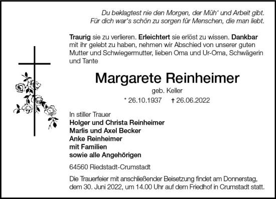 Traueranzeige von Margarete Reinheimer von vrm-trauer Groß-Gerauer Echo