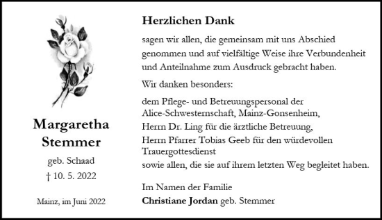 Traueranzeige von Margaretha Stemmer von vrm-trauer AZ Mainz