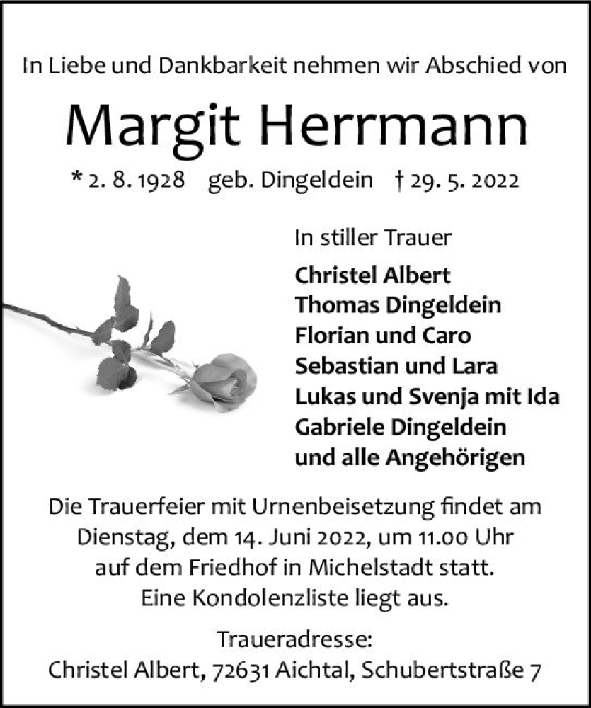  Traueranzeige für Margit Herrmann vom 04.06.2022 aus vrm-trauer Odenwälder Echo