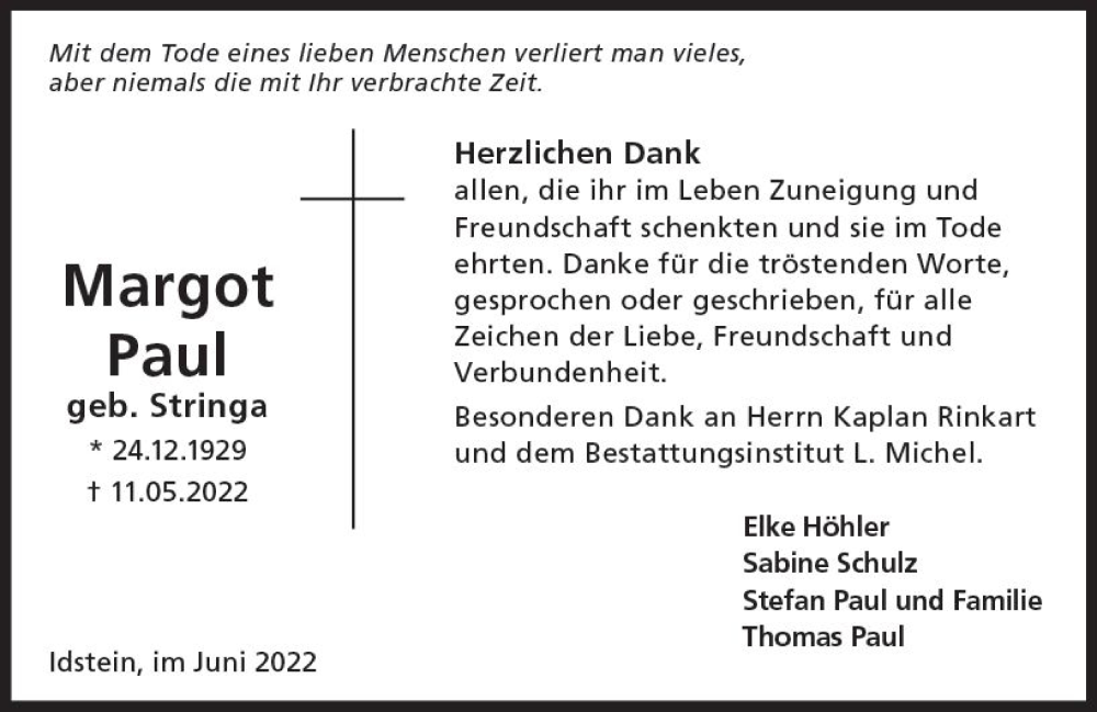  Traueranzeige für Margot Paul vom 11.06.2022 aus vrm-trauer Idsteiner Zeitung