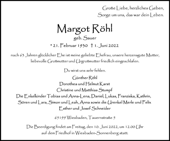 Traueranzeige von Margot Röhl von vrm-trauer Wiesbadener Kurier