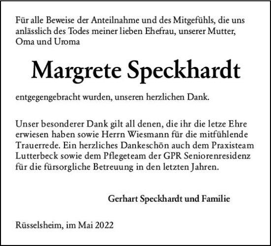 Traueranzeige von Margrete Speckhardt von vrm-trauer Rüsselsheimer Echo / MainSpitze