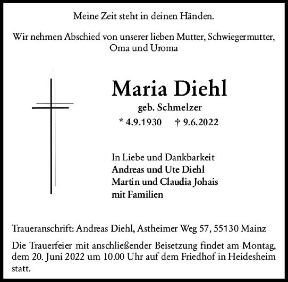  Traueranzeige für Maria Diehl vom 18.06.2022 aus vrm-trauer Allgemeine  Zeitung Ingelheim-Bingen