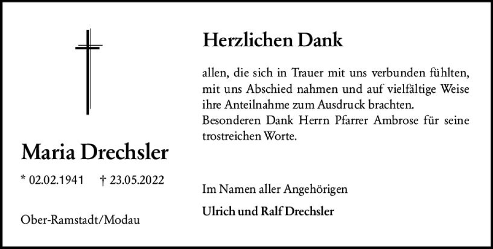  Traueranzeige für Maria Drechsler vom 25.06.2022 aus vrm-trauer Darmstädter Echo
