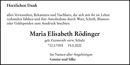 Traueranzeige von Maria Elisabeth Rödinger von vrm-trauer Wormser Zeitung