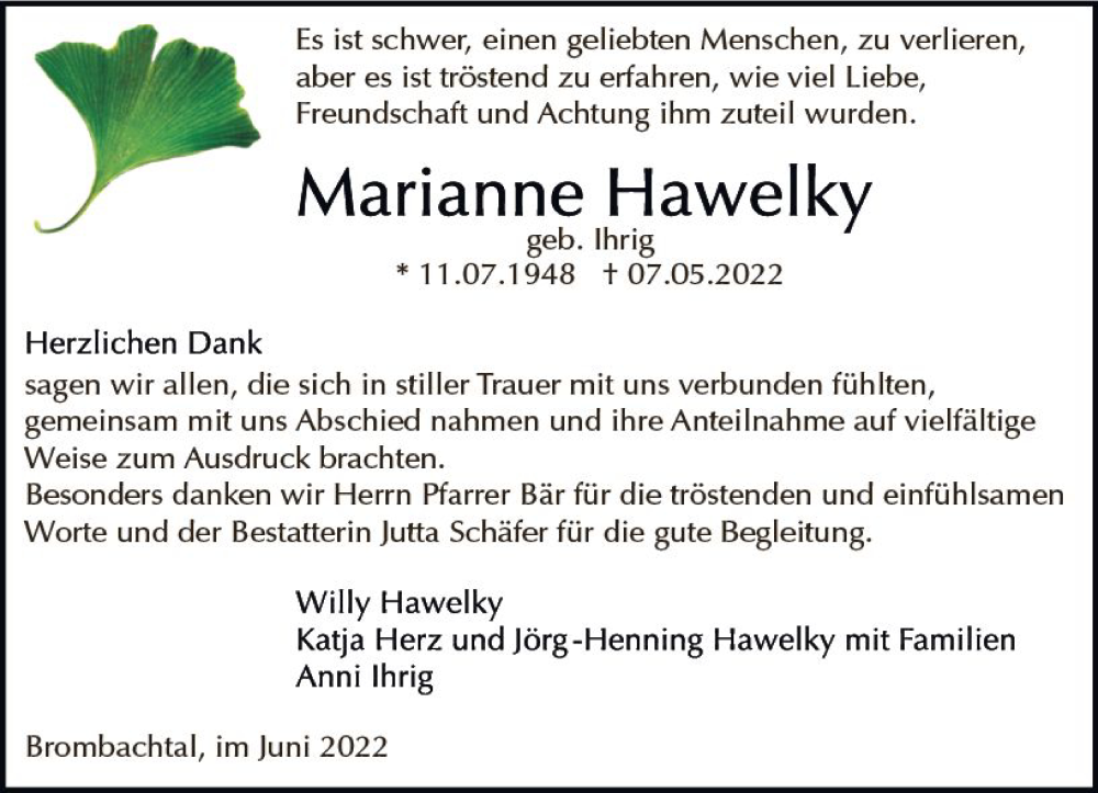  Traueranzeige für Marianne Hawelky vom 04.06.2022 aus vrm-trauer Odenwälder Echo