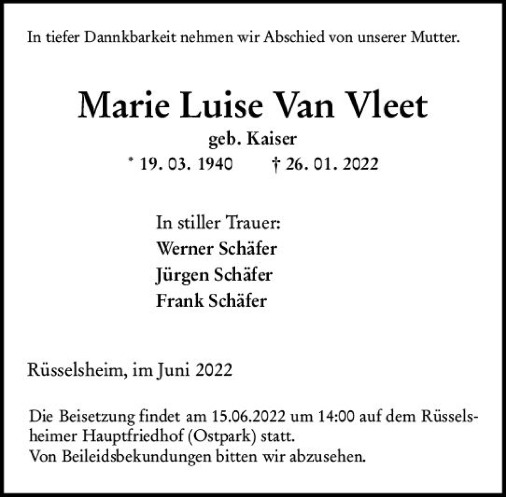  Traueranzeige für Marie Luise Van Vleet vom 11.06.2022 aus vrm-trauer Rüsselsheimer Echo / MainSpitze