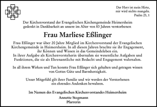 Traueranzeige von Marliese Eßlinger von vrm-trauer Allgemeine Zeitung Alzey