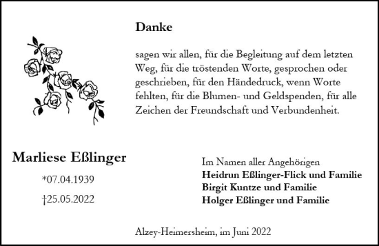 Traueranzeige von Marliese Eßlinger von vrm-trauer Allgemeine Zeitung Alzey