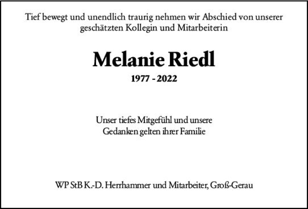  Traueranzeige für Melanie Riedl vom 25.06.2022 aus vrm-trauer Groß-Gerauer Echo