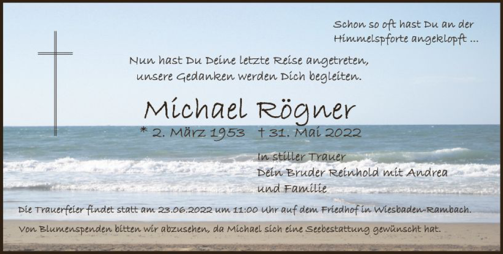  Traueranzeige für Michael Rögner vom 11.06.2022 aus vrm-trauer Wiesbadener Kurier