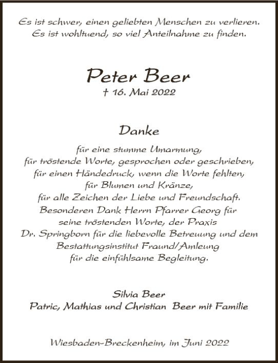 Traueranzeige von Peter Beer von vrm-trauer Wiesbadener Kurier