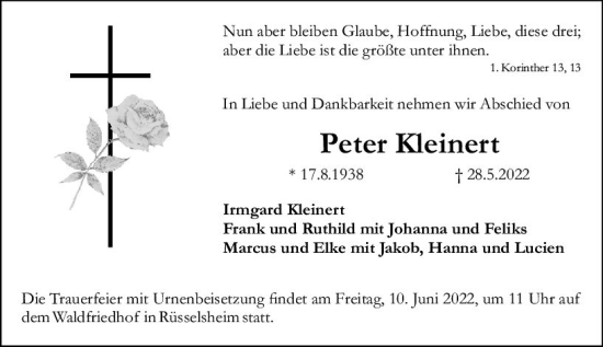 Traueranzeige von Peter Kleinert von vrm-trauer Rüsselsheimer Echo / MainSpitze