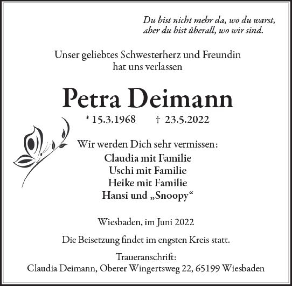  Traueranzeige für Petra Deimann vom 04.06.2022 aus vrm-trauer Wiesbadener Kurier