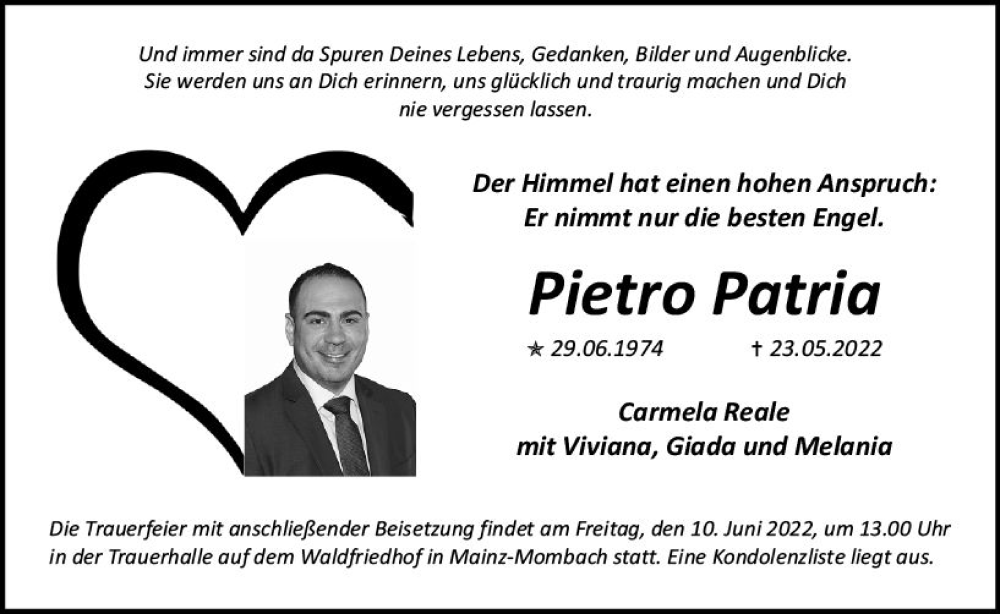  Traueranzeige für Pietro Patria vom 04.06.2022 aus vrm-trauer AZ Mainz