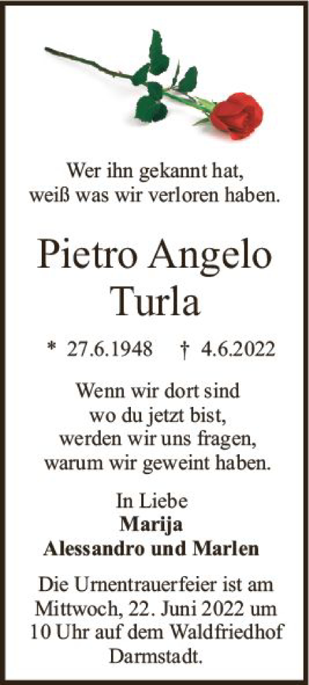 Traueranzeige von Pietro Angelo Turla von vrm-trauer Darmstädter Echo
