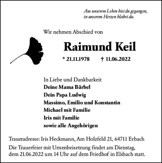Traueranzeige von Raimund Keil von vrm-trauer Odenwälder Echo
